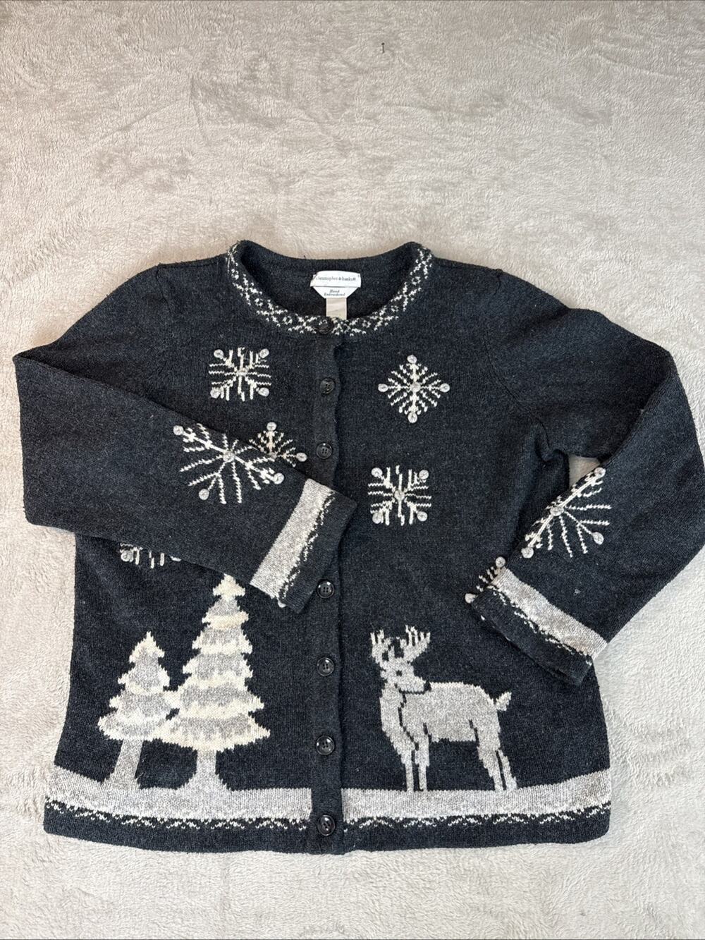 Christopher & Banks Vtg Embroidered Cardigan M Gray Holiday Sweater Gray EUC